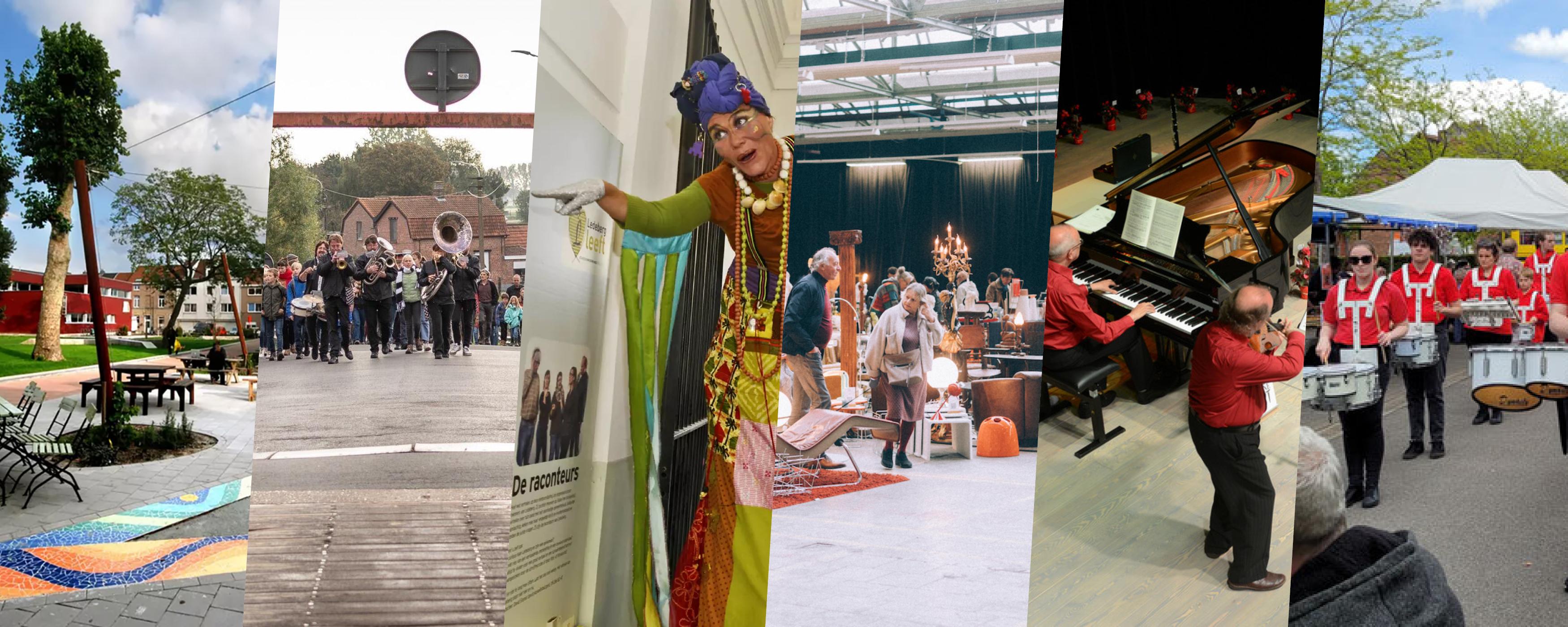 collage van foto's van culturele activiteiten in de wijken van Gent: fanfare, mimen, beurs, muziek, en veel meer