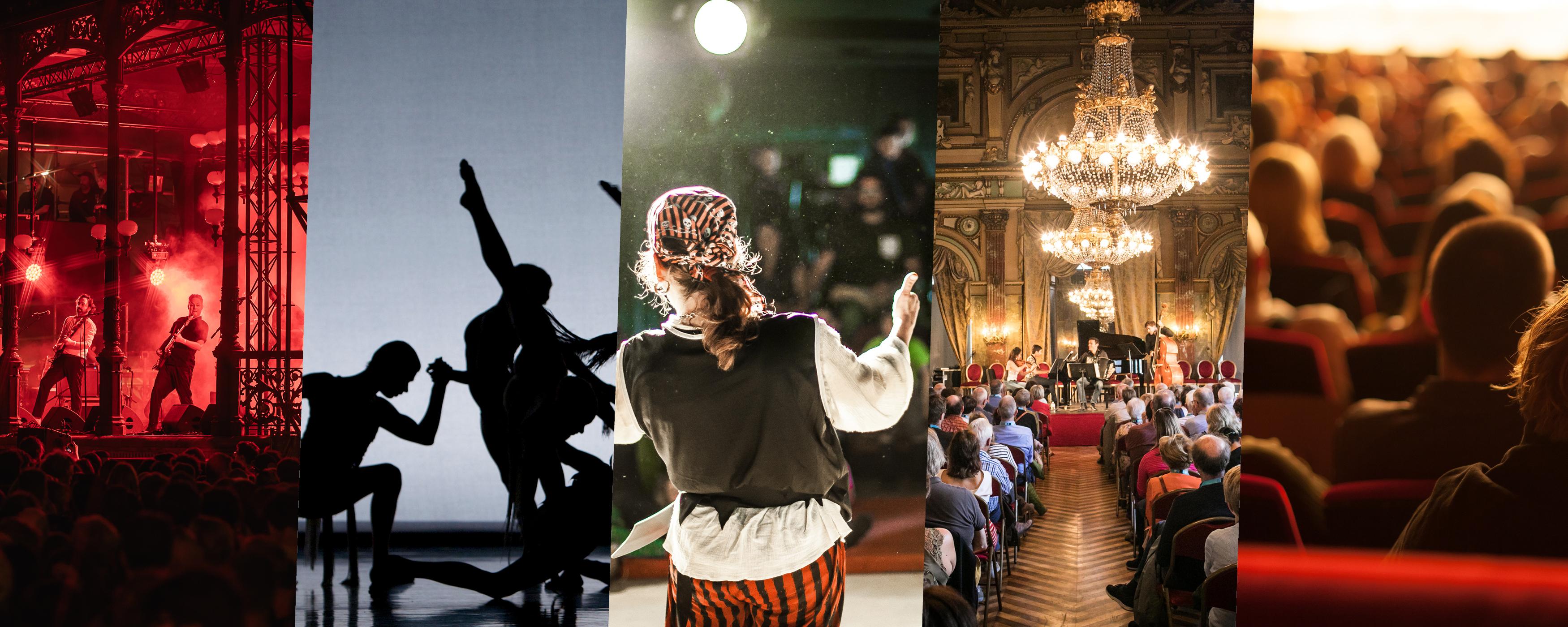 collage van 5 foto's: 1 optreden van rockband; 2 dansers op een podium; 3 theatervoorstelling; 4 klassieke muziek in de opera; 5 toeschouwers die kijken naar een scherm